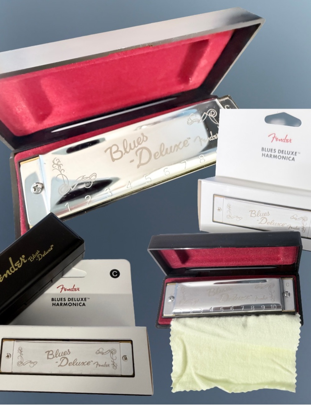 Fender Blues Deluxe Harmonica Silver with Red Lined Case